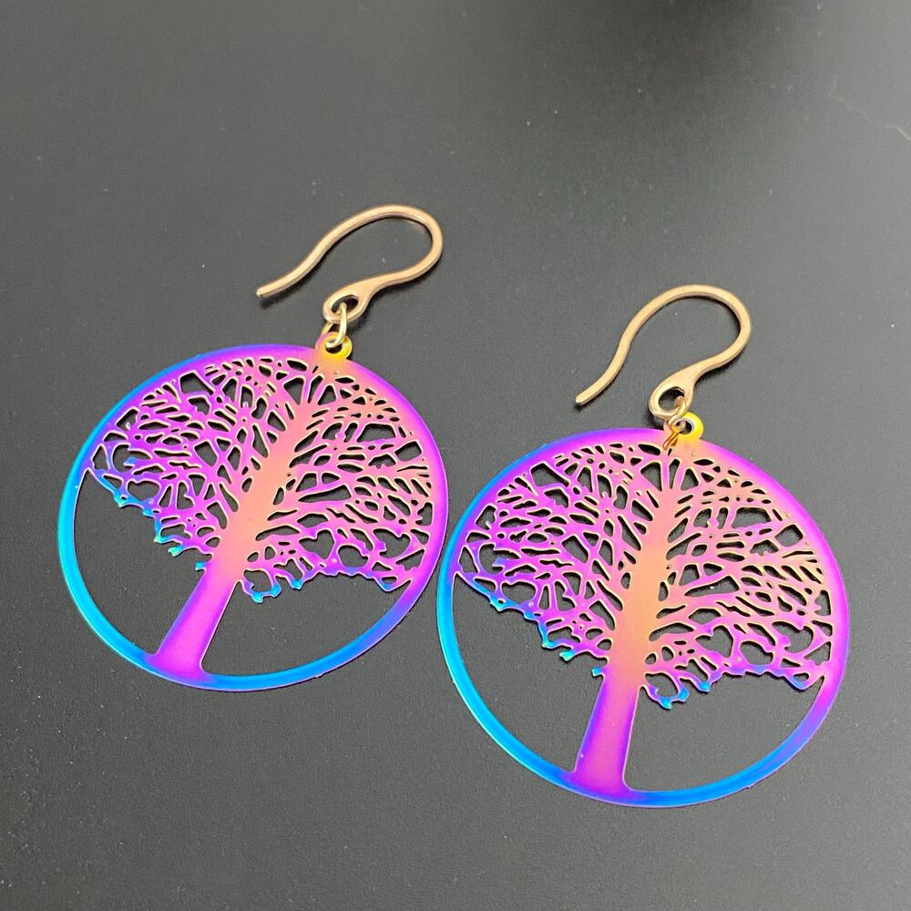 Rainbow Iridescent Tree of Life Drop Earrings Anodized Boho Dangle Earrings